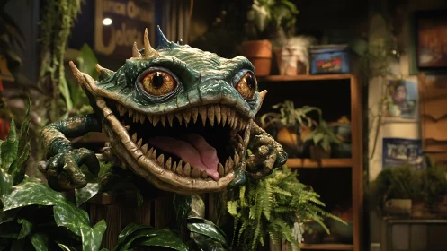 Animatronic reptilian plant monster with fanged jaw in shop