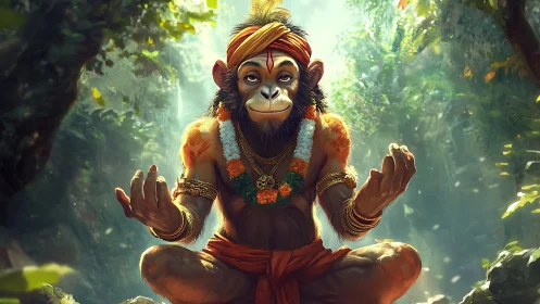 Meditating monkey sage bathed in luminous jungle light.