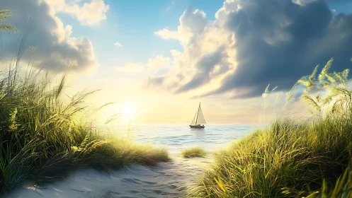 Dune grasses whisper as a lone sailboat glides toward dawn