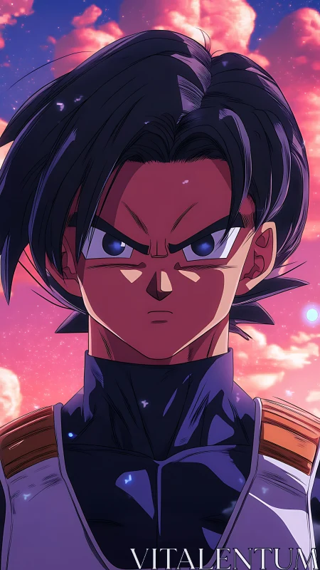 Celestial anime warrior under chromatic nebular sunset sky.