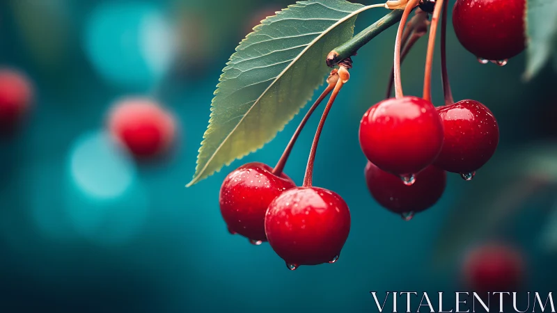 Dewy ruby cherries dangling in a teal morning hush.