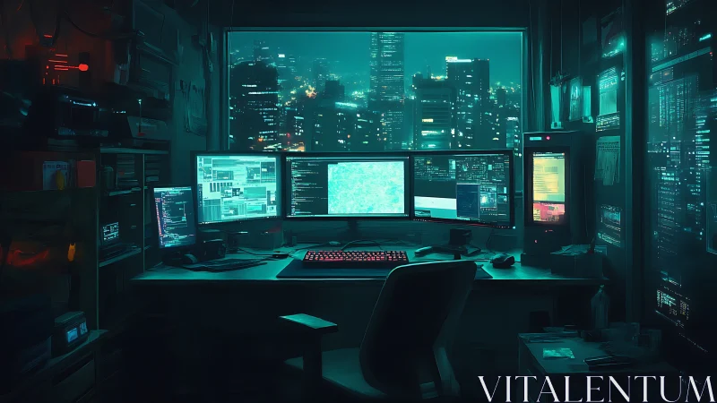 Cyberpunk command desk with multi-monitor urban infoscape.
