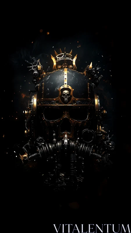 Baroque cyber skull helm with industrial crown and embers.