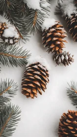 Snow-dusted pine cones rest among frosted evergreen branches