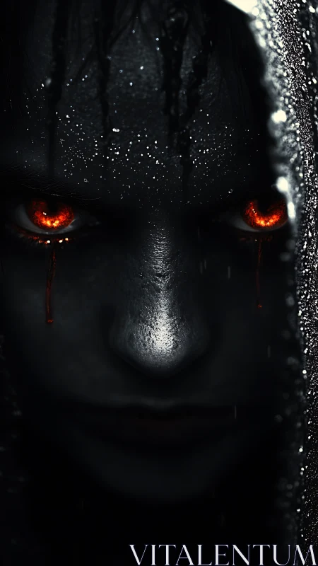 Burning eyes in rain-soaked darkness stare through void.