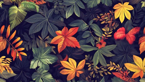 Lush autumn foliage pattern glows against deep night tones