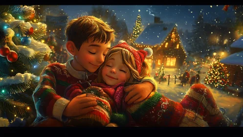 Snowlit siblings wrapped in cozy Christmas wonderland glow.