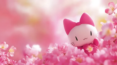 Kawaii pink cat mascot nestled in dreamy cherry blossoms.