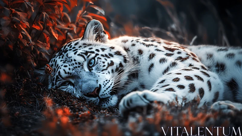 Snow Leopard at Rest Amid Autumnal Landscape.