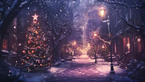 Snowy city street glowing with cozy holiday lights at night.