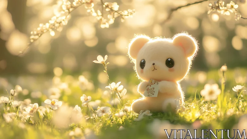 Soft plush bear sits in sunlit meadow with shallow depth