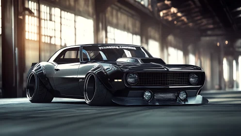Sleek black muscle car waits in a moody industrial garage