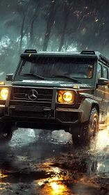 Off-road Mercedes SUV in cinematic rain-soaked forest storm.