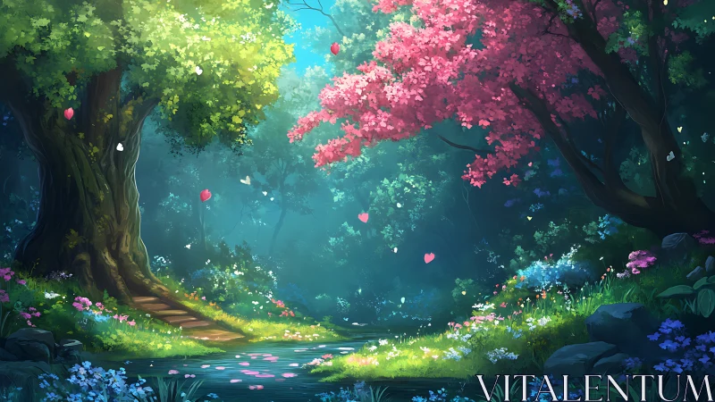 Enchanted Forest Glade: Luminous Tree-lined Stream with Blooming Flora