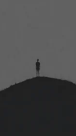 Solitary human silhouette crowns a dark hill under empty sky