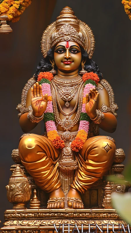 Ornate golden deity sculpture with florals and ritual iconography.