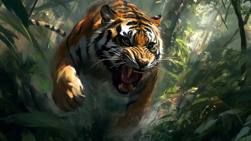 Tiger in forward motion through dense jungle vegetation.