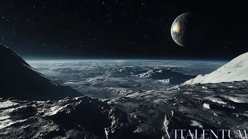 Lunar horizon panorama under distant illuminated planet.