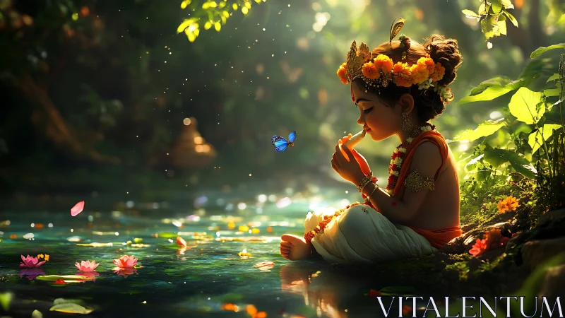Forest child of light serenades a butterfly by lotus water.