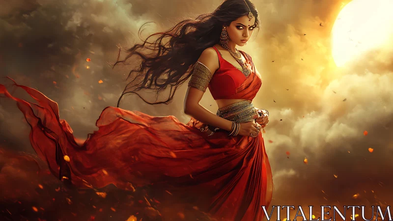 Warrior goddess strides through stormlit embers and sunfire.