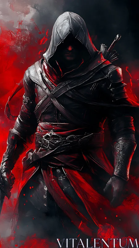 Hooded armed figure stands in red and black atmospheric field