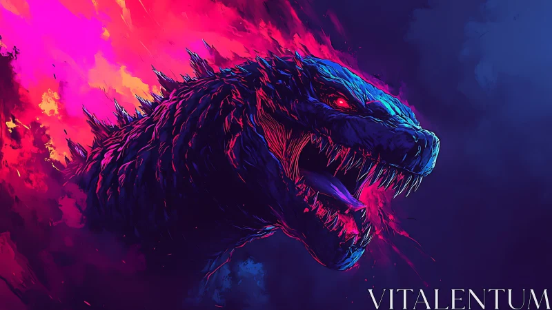 Neon kaiju profile explodes through dual-tone chromatic void