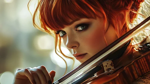 Red haired violinist in intense close up portrait shot.