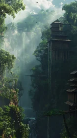Abandoned Wooden Architecture in Mist-Shrouded Canyon with Cascading Waterfall