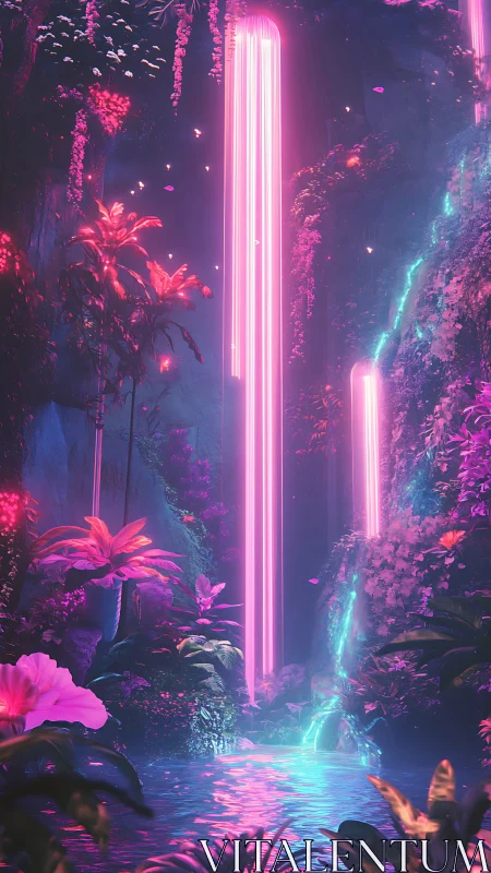 Neon light pillars cascade through bioluminescent jungle canyon
