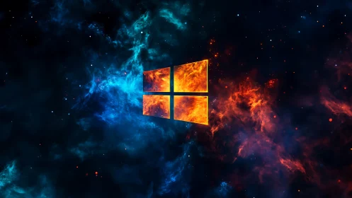 Windows-like quad logo with fiery nebula background is shown