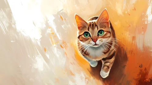 Tabby Cat Portrait with Luminous Emerald Eyes in Warm Ambient Light