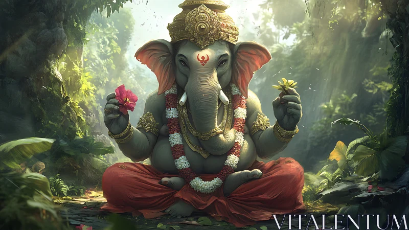 Divine elephant deity seated in lush forest clearing.