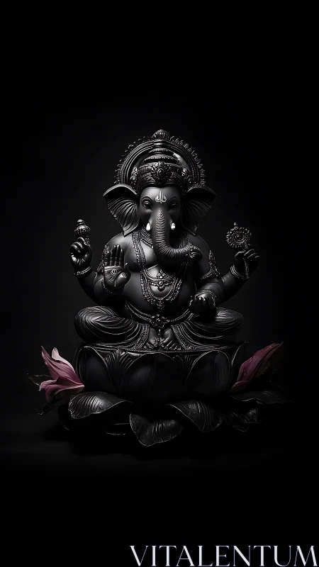 Dark-toned Ganesha sculpture seated on lotus pedestal. Period.