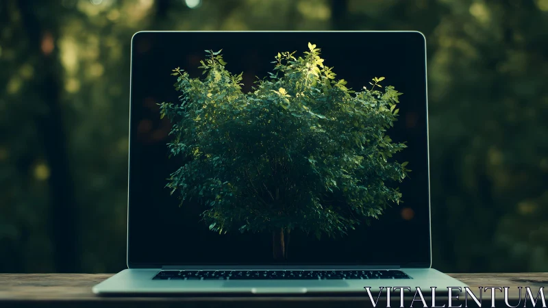 Vibrant green tree displayed on laptop in photorealistic digital art.