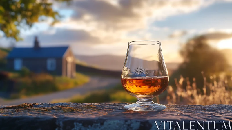 Whisky glass on stone ledge in soft rural sunset landscape.