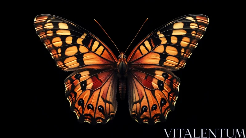 Emberwing monarch poised like stained glass in midnight hush.