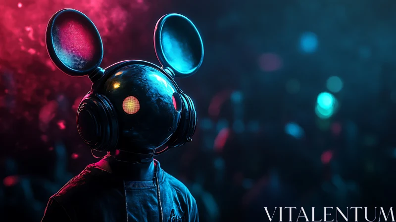 Neon-lit DJ mouse helmet with reflective visor in volumetric haze