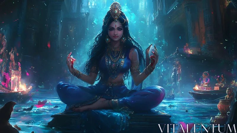 Meditating goddess sits over luminous river in sacred city
