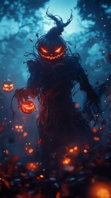 Jack-o-lantern wraith stalks a midnight emberlit forest