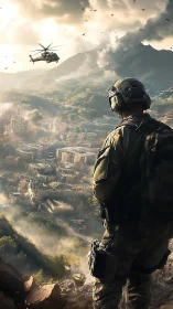 Armored soldier surveys bombed valley city under active air assault