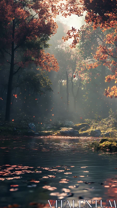Radiant volumetric light across autumnal forest creekscape.