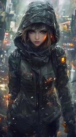 Hooded cyber city wanderer wrapped in neon night rain.