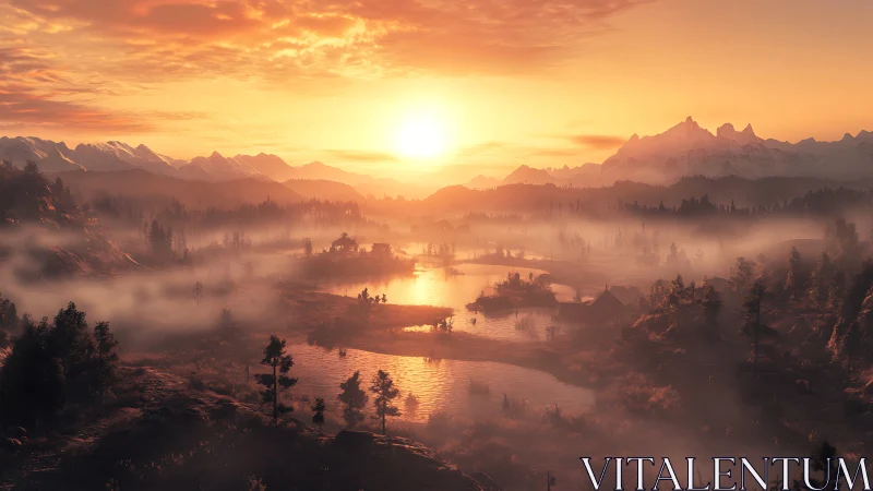 Sunlit mountain valley with misty river and warm sky glow.