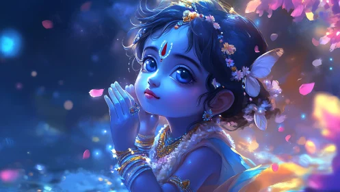 Gentle blue child gazes upward in a dreamy flower glow