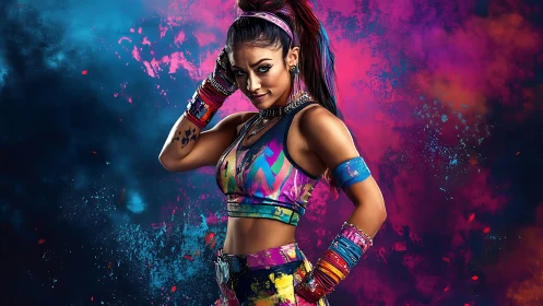 Neon street dancer in vibrant splatterwear against bokeh haze