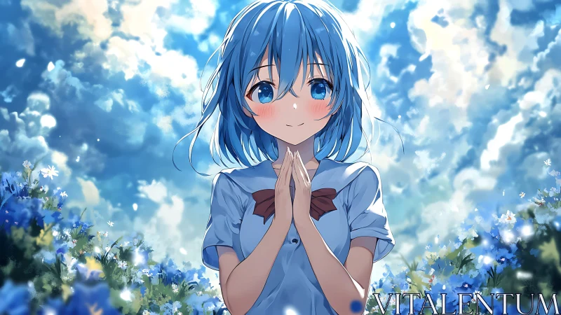 Sky-bloomed girl greeting the clouds in a sea of blue wildflowers.