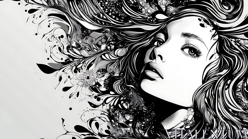 Monochrome vector portrait with fractal-ornamental hairfield.