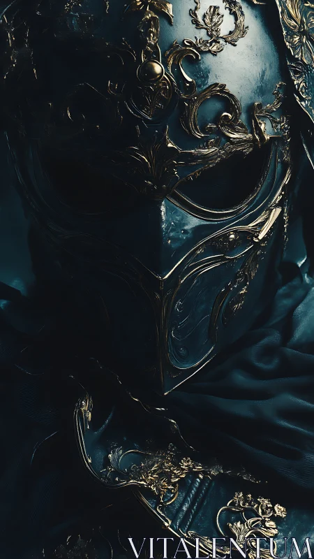 Ornate dark metal helmet with intricate gilded relief work