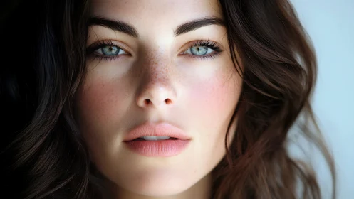 Close-up portrait of young woman with clear blue eyes.