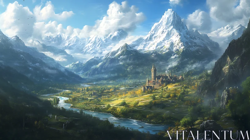 Castle settlement in valley beneath extensive snowy peaks.